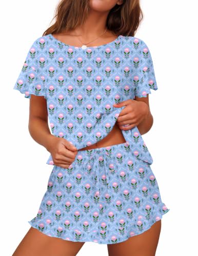 Image of Ekouaer Women's Pajama Set Ruffle Sleeves Top and Short Soft 2 Piece Loungewear Set