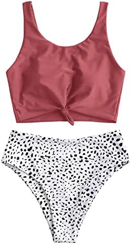 ZAFUL Women's Animal Print Knotted Tankini Set High Waisted Scoop Collar Padded Tankini Swimsuit (Medium, Cherry Red)