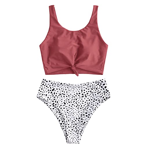 Zaful Women's Animal Print Knotted Tankini Set High Waisted Scoop Collar Padded Tankini Swimsuit (Medium, Cherry Red) #TOP1