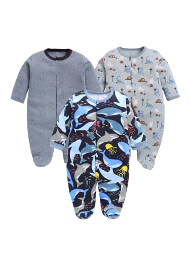 Image of BABY GO Baby Sleepsuit Pack of 3 | 100% Cotton Full Sleeve Footed Romper for Newborn Baby Boys & Girls | Front Open Snap Button Onesie Jumpsuit | Soft Breathable Nightwear