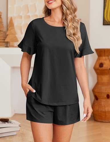 Image of Ekouaer Womens Cotton Pajama Set Ruffle Sleeve Top and Short Soft Sleepwear | Comfy Cotton Loungewear Crewneck Sleepwear with Pockets for mom, wife or grandmother