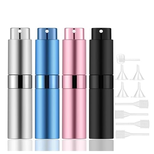 Lil Ray 8ml Portable Mini Perfume Atomizer(4 PCS)，Refilable Empty Small Spray Bottle for Travel, Twist Tpye Pocket Cologne Sprayer (Matte Black, Pink, Blue, Silver)