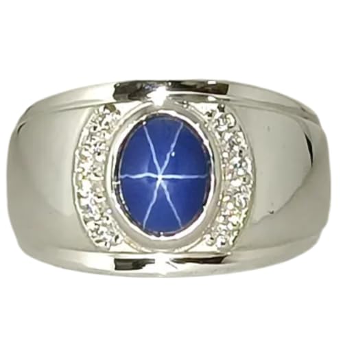 Blue Star Sapphire Men's Ring 925 Sterling Silver 6 Rays Star Oval Cabochon Gemstone Engagement Rings For Mens September Birthstone Silver Band Ring
