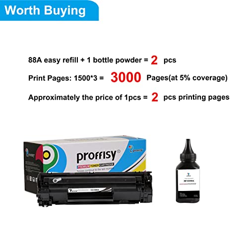 Image of proffisy Easy Refill 88A Toner Cartridge CC388A Cartridge Compatible with HP LJ Printer M1136 MFP, M126nw MFP, P1007, P1108(1 Cartridge with 1 Bottle 80g 88A Toner Powder)