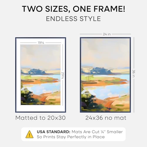 Image of Homeforia 24x36 Navy Blue Picture Frame, High End Metal 24x36 Large Poster Frames with Mat 20x30 inch Photo, 24 x 36 Thin Frame Matted to 20 x 30 Print, 36x24 Frame, Tempered Glass, Wall Kit, Set of 2