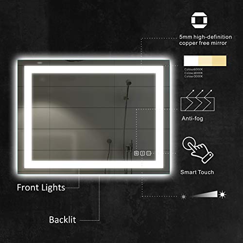 Amorho Led Bathroom Mirror 40"X 32" With Front And Backlit, Stepless Dimmable Wall Mirrors With Anti-Fog, Shatter-Proof, Memory, 3 Colors, Double Led Vanity Mirror (Horizontal/Vertical) #TOP1