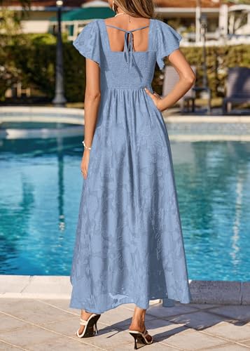 Image of KIRUNDO Bridesmaid Wedding Guest Formal Dresses for Women | Elegant Summer Maxi Dress, Lace Floral Prom Party Cocktail Dress, Smocked Bust, Tie Back, Split A Line Swing, With Pockets