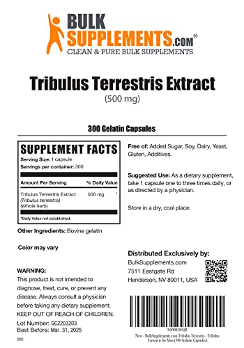 Bulksupplements.com Tribulus Terrestris Extract Capsules - Herbal Supplements, Tribulus Terrestris Supplements - 1 Tribulus Terretris Capsules Per Serving, Gluten Free (300 Capsules) #TOP1