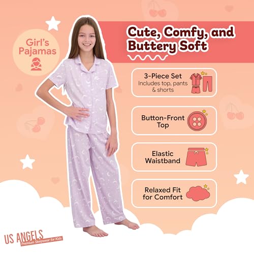 Image of US Angels Girls Pajama Set 3 Piece, Short Sleeve Button Down PJs with Shorts & Pants, Soft Sleepwear Girls & Tweens Size 5-16