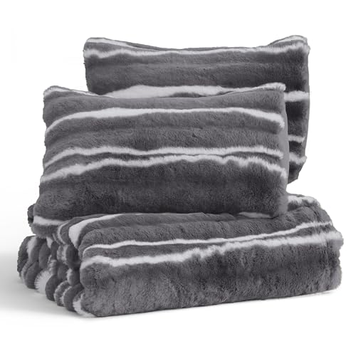 Image of Wonderful 3 Pieces Fluffy Faux Rabbit Fur Comforter Set Queen Size, Dark Gray Plush Fuzzy Bedding Set, Animal Stripes Design Warm Soft Comforter Bedding Set for All Season,90 inchx94 inch