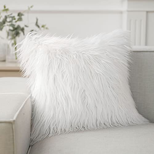 Image of Phantoscope Luxury Series Throw Pillow Covers Faux Fur Mongolian Style Plush Cushion Case for Couch Bed and Chair, Off White 24 x 24 inches 60 x 60 cm