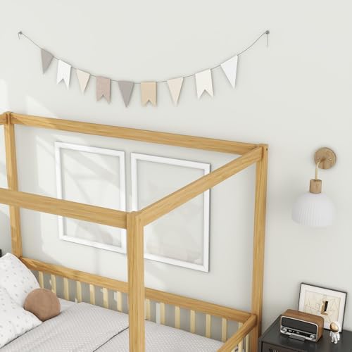 Image of Full Size 4-Posters Canopy Bed Frame with Fence Guardrails, Rubber Wood Montessori Floor Platform Bed for Kids Teens Girls Boys, No Box Spring Needed (Natural-02)