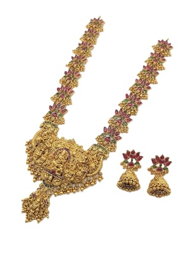 Traditional Kemp Temple Jewellery Set | Gold Plated Lakshmi Necklace with Jhumka Earrings | South Indian Bridal Kemp Jewellery | Red Green Stone Templ