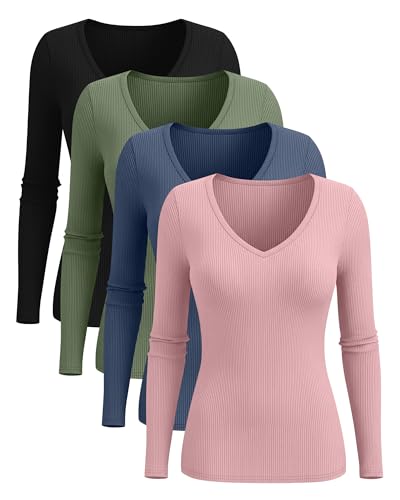 4 Pack Women Long Sleeve Shirts, 95% Cotton V Neck Ribbed Knit Tops Fitted Lightweight Basic Going Out Shirts2