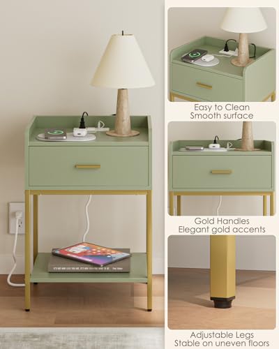 Image of Masupu Nightstand with Charging Station,3-Tier Modern Bedside Night Stand with Storage Drawer and Shelf,Small End Side Table for Bedroom,Living Room,Gold and Green