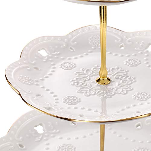 Bonnoces 3-Tier Porcelain Embossed Cupcake Stand - Pure White Rimmed With Gold Dessert Cake Stand - Pastry Serving Tray Platter For Tea Party, Wedding And Birthday #TOP3