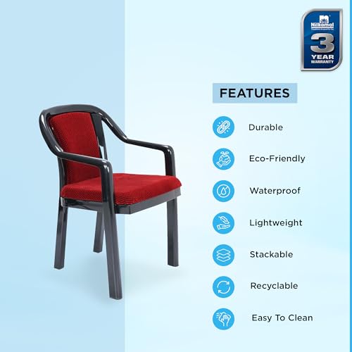 Image of Nilkamal Mid Back Chair with Arm Signature | for Living Room, Bed Room, Kitchen, Office Room, Outdoor | 100% Polypropylene Stackable Chair | (Iron Black & Bright Red)