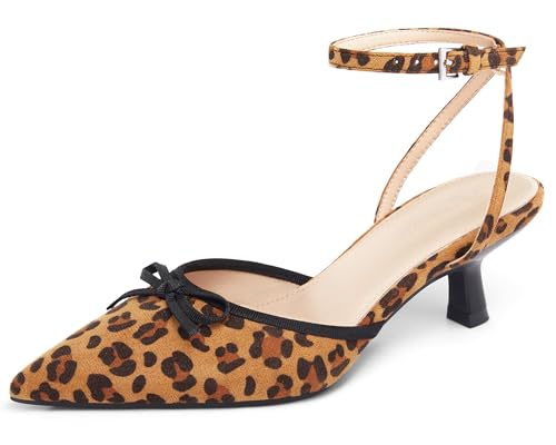 Coutgo Womens Kitten Low Heels Bow Tie Closed Pointed Toe Ankle Strap Pumps Party Wedding Dress Shoes Leopard