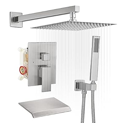 BWE Shower System with Waterfall Tub Spout Shower Faucet Set 10 Inch Square Brushed Nickel Rain Shower Head Bathroom Luxury Wall Mounted Shower Combo Set Rough-in Valve Body and Trim Included
