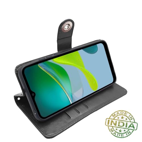 Image of Pikkme Motorola Moto E13 Flip Cover Leather Finish | Inside TPU with Card Pockets | Wallet Stand and Shock Proof | Complete Protection Button Flip Case (Black)