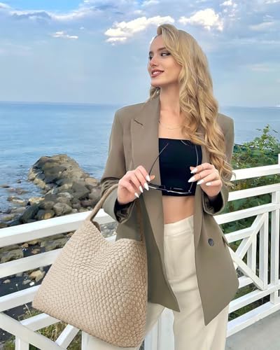 Image of Woven Tote Bag for Women, Fashion Woven Bags for Women Vegan Leather Shoulder Handbags Large Summer Beach Travel Bag