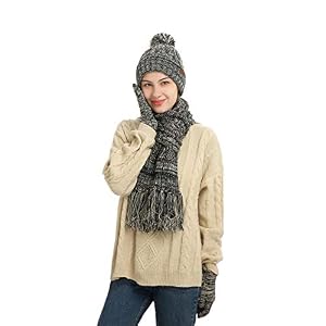INSISMY Muts sjaal handschoenen set winter zacht warm bont gevoerde pompon muts lange sjaal met kwast en touchscreen handschoenen set 3-delig melange gebreid dames unisex
