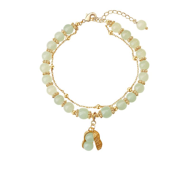 AMINKINA 14K Gold Jade Bracelets with Bell,Stunning Moissanite Leaf Jade Bracelet for Women - Elegant Jewelry Gift for Mother, Wife