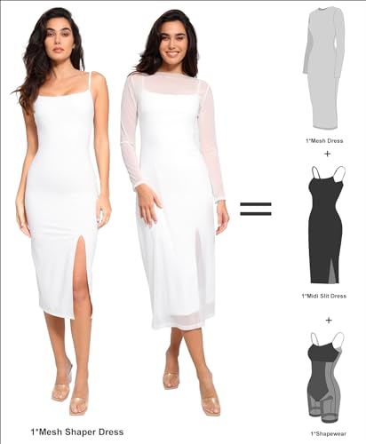 Image of Popilush Mesh Shapewear Dress Corset Date Night Dresses for Women Two Piece Club Outfits with Slit