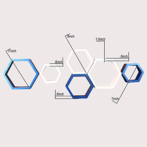 Image of BAS Vampire Brown Art Shoppee Decorative Display with Hexagon Shape Set of 6 Floating Wall Shelves and Racks for Living Room (Blue & White)