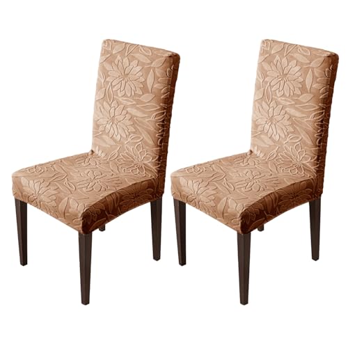 Image of House of Quirk Stretchy Universal Camellia Jacquard Waterproof Chair Cover Removable & Washable Short Dining Chair Cover Protector Seat Slipcover (Camel,Pack of 2)