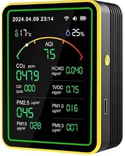 SIGNETTE 15-In-1 WiFi Multi-Functional (High Accuracy) Integrated Air Quality Monitor, Pm2.5, Hcho, Tvoc, Aqi, Co2 Meter, Indoor Use, Electrochemical Sensor, Real-Time Display, Rechargeable Battery