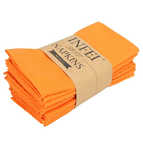 Infei Solid Color Cotton Linen Blended Thin Dinner Fabric Napkins - Set Of 12 (40 X 40 Cm) - For Events & Home Use (Orange) #TOP24