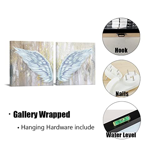 Simiwow 2 Pieces Canvas Wall Art Angel Wings Painting Wing Picture Bathroom Bedroom Decor Gold And Grey Home Decor Framed Artwork Ready To Hang 16"X16"X2 Pieces #TOP5