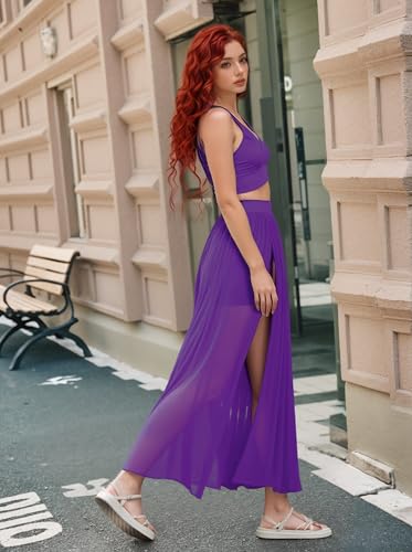 Image of Women Sexy 2 Piece Outfits Dress Chiffon Strap Deep V Neck Bra Crop Top High Split Maxi Dresses Skirt Set