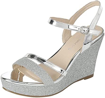 Forever FQ22 Women's Glitter Strappy Wrapped Wedge Heel Platform Sandals, Silver-1, Size 8
