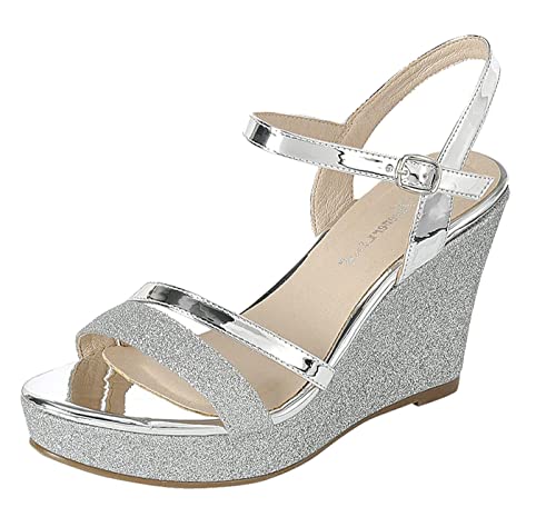 Forever FQ22 Women's Glitter Strappy Wrapped Wedge Heel Platform Sandals, Silver-1, Size 72