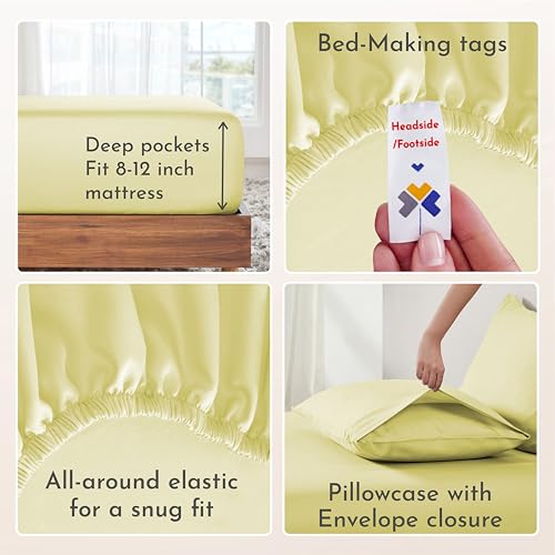 Image of California Design Den Twin XL Bed Sheets Set - Natural 100% Cotton Sheets with 12 inch Pockets, Soft Sateen Weave, Breathable and Durable Bedding Set for Dorm Rooms, College (Butter)