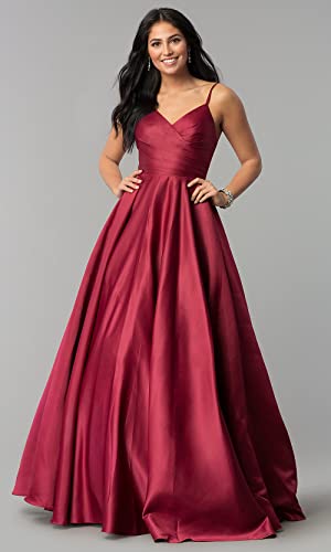 TIRAS Spaghetti V Neck Prom Dresses for Women Long Ball Gown Ruched Satin Evening Party Gown with Pockets CM1394