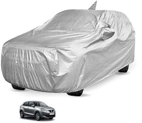 Image of Auto Hub Waterproof Car Cover Compatible with Maruti Baleno with Mirror Pocket, Soft Cotton Lining, Waterproof Baleno Car Cover- Metallic Silver