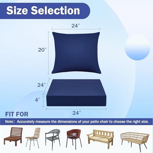 Image of IASEAHK Outdoor Seat Cushion Set, Waterproof & Fade Resistant Patio Chair Cushions, Outdoors Cushion for Patio Furniture, 24 x 24 x 4 Inch, Outdoor Couch Cushions with Handle and Ties, Navy Blue