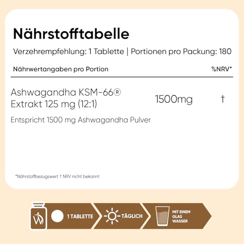 Ashwagandha KSM-66-1500 mg Ashwagandha Extrakt täglich - 5% Withanolide - 6 Monate Vorrat mit 180 vegane Tabletten - 1 Tablette täglich - Indischer Ginseng - Withania Somnifera von WeightWorld