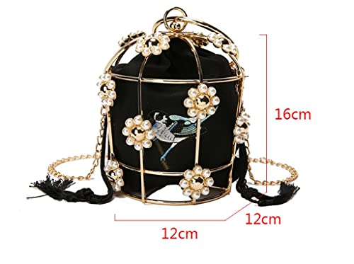 Adsrb Vintage Metal Frame Embroidery Bird Cage Bags Women's Mini Bucket Evening Bag Clutch Chain Shoulder Bag Tassel Handbag (Color : Black, Size #TOP5