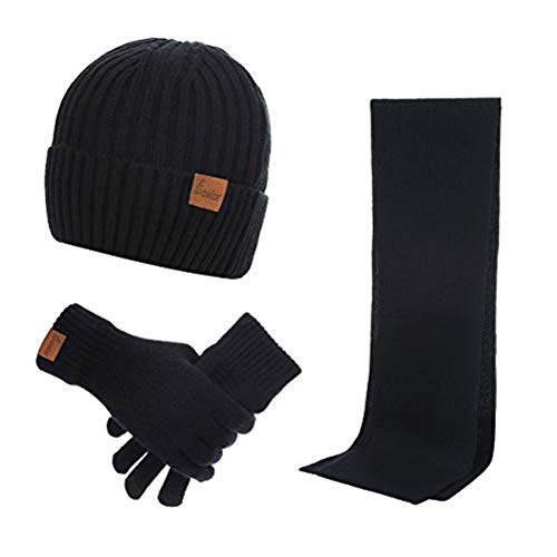 Men's Winter Beanie Hat Neck Warmer Scarf and Touchscreen Gloves Set 3 Pcs Fleece Lined Skull Knit Cap for Women