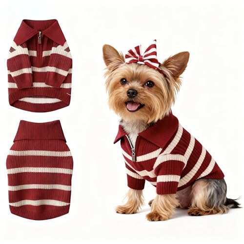 Image of Small Dog Sweater with Zipper, Knitted Striped Pullover Dog Clothes for Cold Weather, Thick Warm Cozy Stretchy Sweater for Chihuahua, Bulldog, Dachshund, Pug(Red & White Strip, S)
