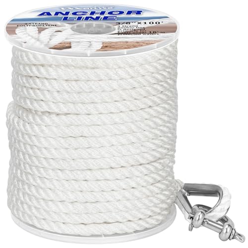 Boat Anchor Line 3 Strand Anchor Rope Black White Grey 3/8 Inch 50FT 100FT 150FT with Stainless Steel Thimble and Shackle for Boat (3/8