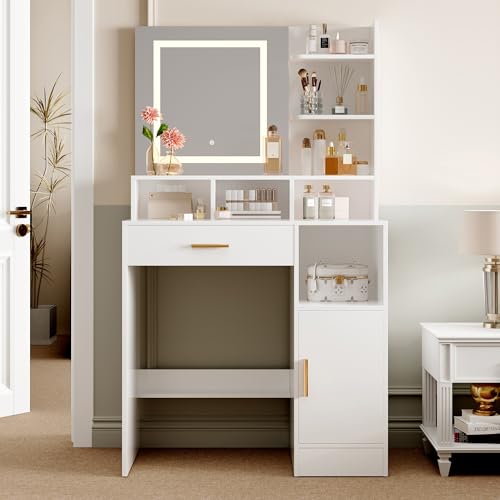 Image of mcc direct Dressing Table, Vanity Desk with Mirror, LED Lights and Drawers, Makeup Desk with Brightness Adjustable, Large Open Storage Areas for Bedroom (White) - TRURO