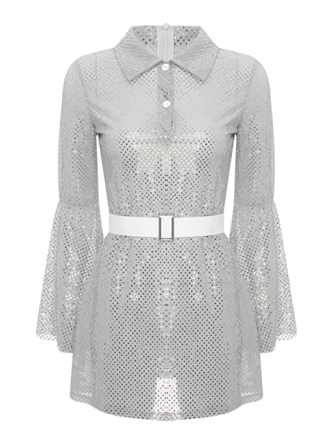 TiaoBug Damen Hippie Kostüm 70er Jahre Disco Outfits Langarm Pailletten Tanzkleider Hemdkleid Blusenkleid Tunika Glockenärmel Shirtkleid Silber S