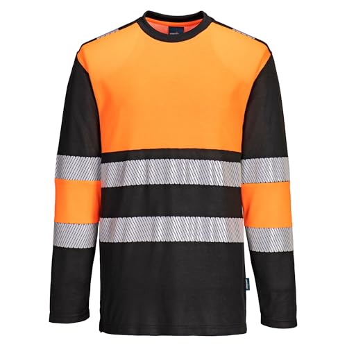 Image of Portwest PW312 PW3 Hi Vis Cotton Comfort Long Sleeve T Shirt Breathable Lightweight Moisture Wicking Reflective Tape UV Protection Certified Workwear, Orange/Black, S
