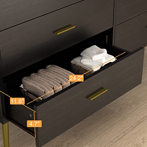 Hitow 6 Drawer Dresser Double Dresser For Bedroom，Modern Wide Dressers With Metal Legs, Home Office Storage Dresser, Chest Of Drawers For Living Room, Black Brown B (54" W X 15.6" D X 30.1" H) #TOP4