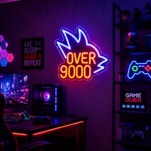 Image of inchOver 9000 inchNeon Sign for Wall Decor, 11.8 inch x 10.6 inch Dimmable USB Japanese Anime LED Light, - Funny Gamer Decor for Bedroom, Game Room, Man Cave, Power Level Gift